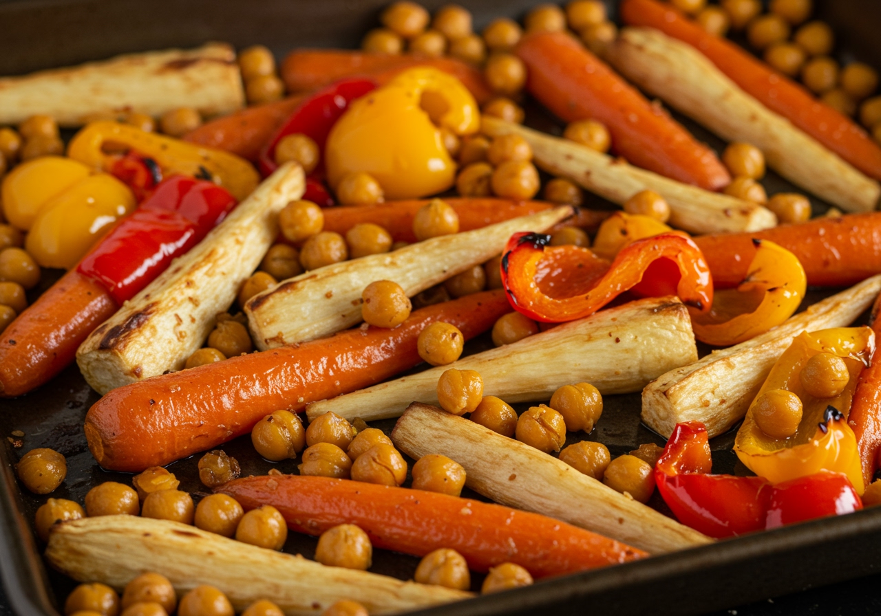 A vibrant mix of roasted root vegetables, bell peppers, and chickpeas in an oven pan, showing a slightly caramelized texture.