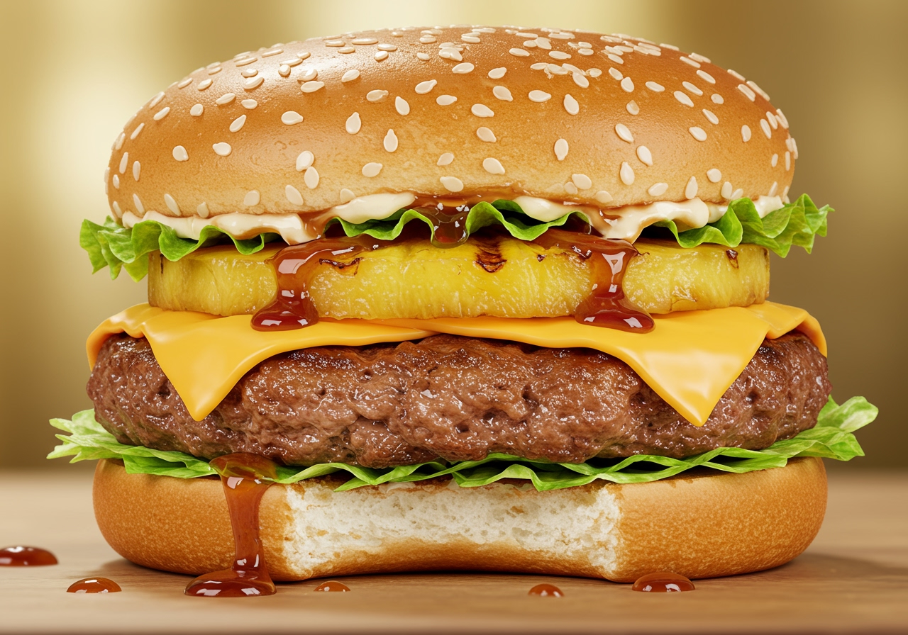 A vibrant, mouth-watering image of a fully assembled Pineapple Teriyaki Chicken Burger with a bite taken out, showing the layers.