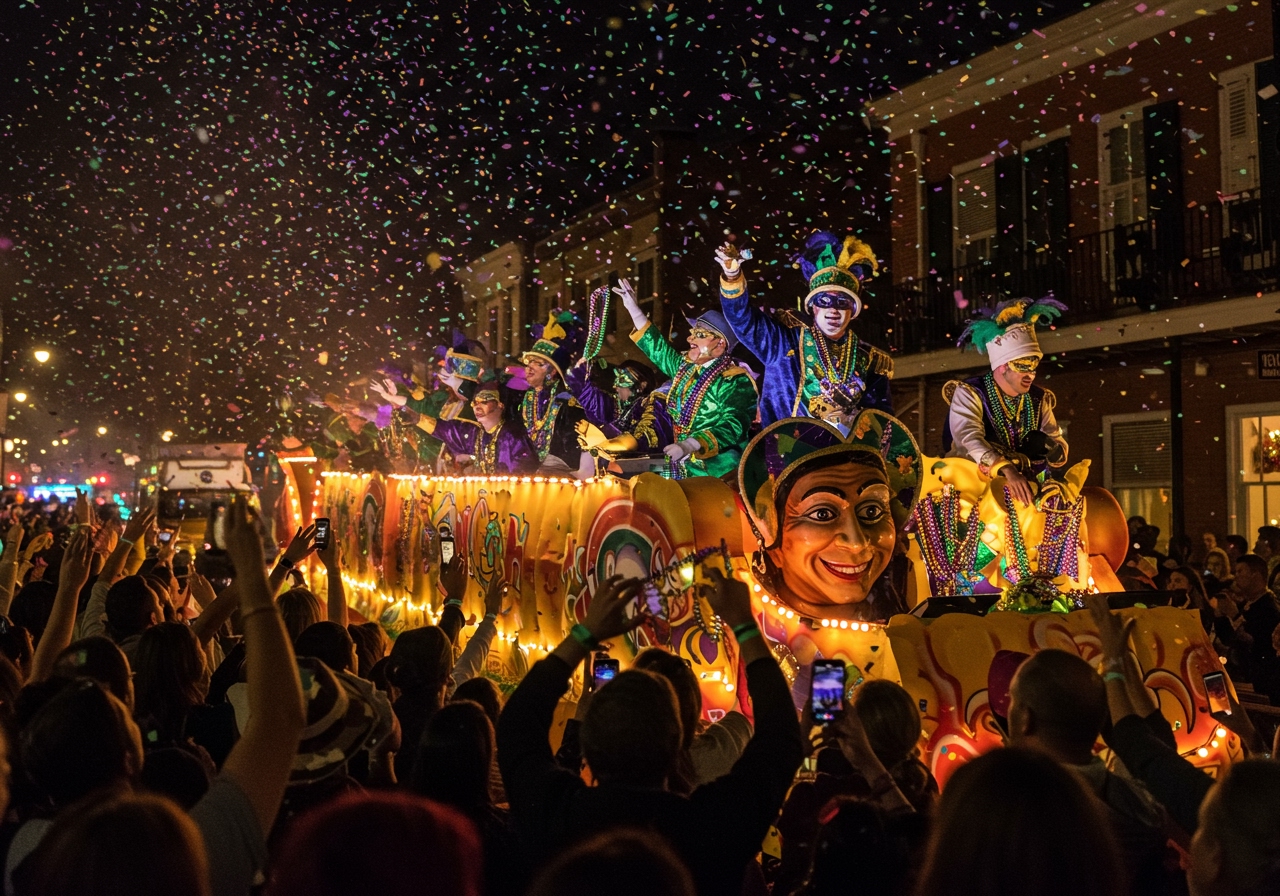 A vibrant New Orleans Mardi Gras parade at night, with a brightly lit float, costumed revelers throwing colorful beads to a cheering crowd, and confetti in the air. The scene is full of energy and excitement.