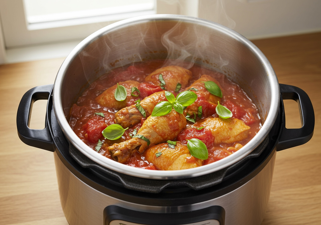 A vibrant overhead shot of a delicious, steaming chicken and tomato stew in a pressure cooker on a kitchen counter, with fresh basil garnish. The steam should be visible.