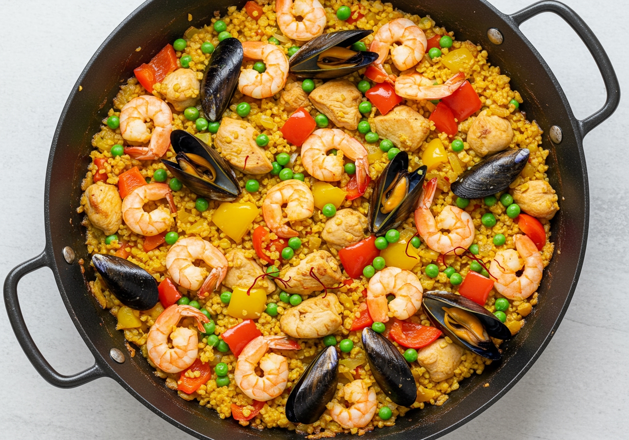 A vibrant overhead shot of a finished keto cauliflower paella in a large paella pan, showing colorful vegetables, seafood, and chicken over a bed of cauliflower rice.