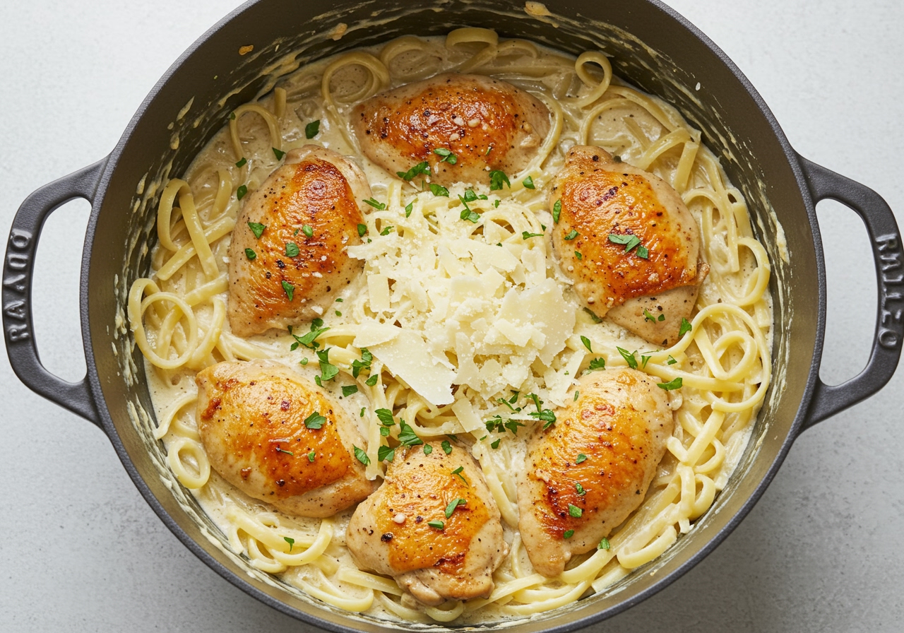 A vibrant overhead shot of a finished One-Pot Chicken Alfredo dish in a single large pot, garnished with fresh parsley and parmesan cheese.