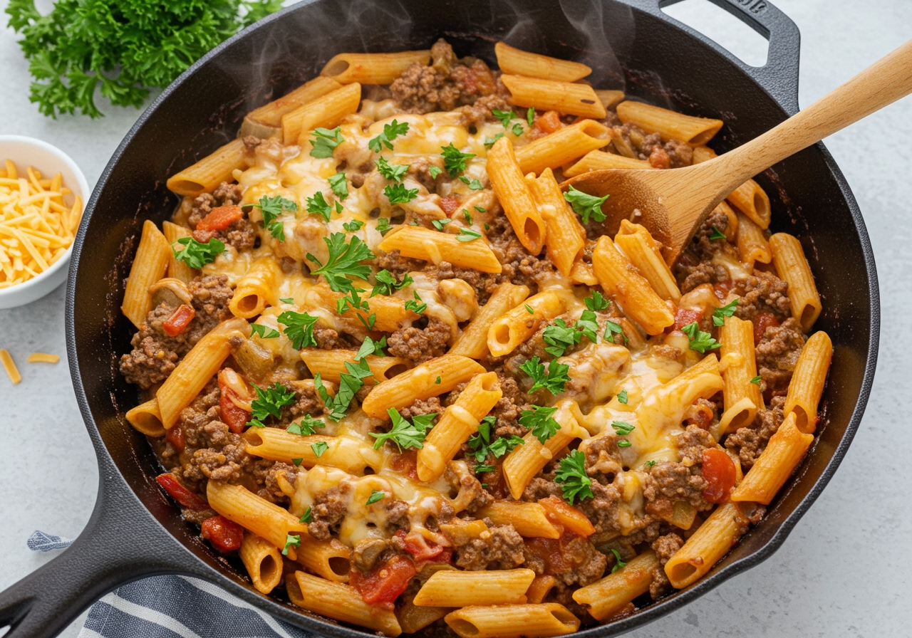 A vibrant overhead shot of a freshly cooked one-pot cheeseburger pasta dish in a large cast-iron skillet, with steam gently rising, garnished with fresh chopped parsley and a few scattered shredded cheese pieces.