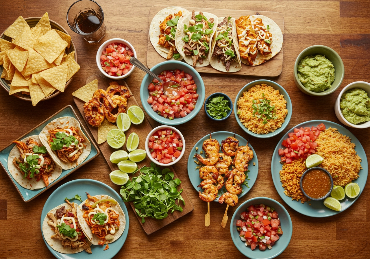 A vibrant overhead shot of a spread featuring different dishes served with fresh tomato salsa: tacos, grilled shrimp skewers, and tortilla chips.