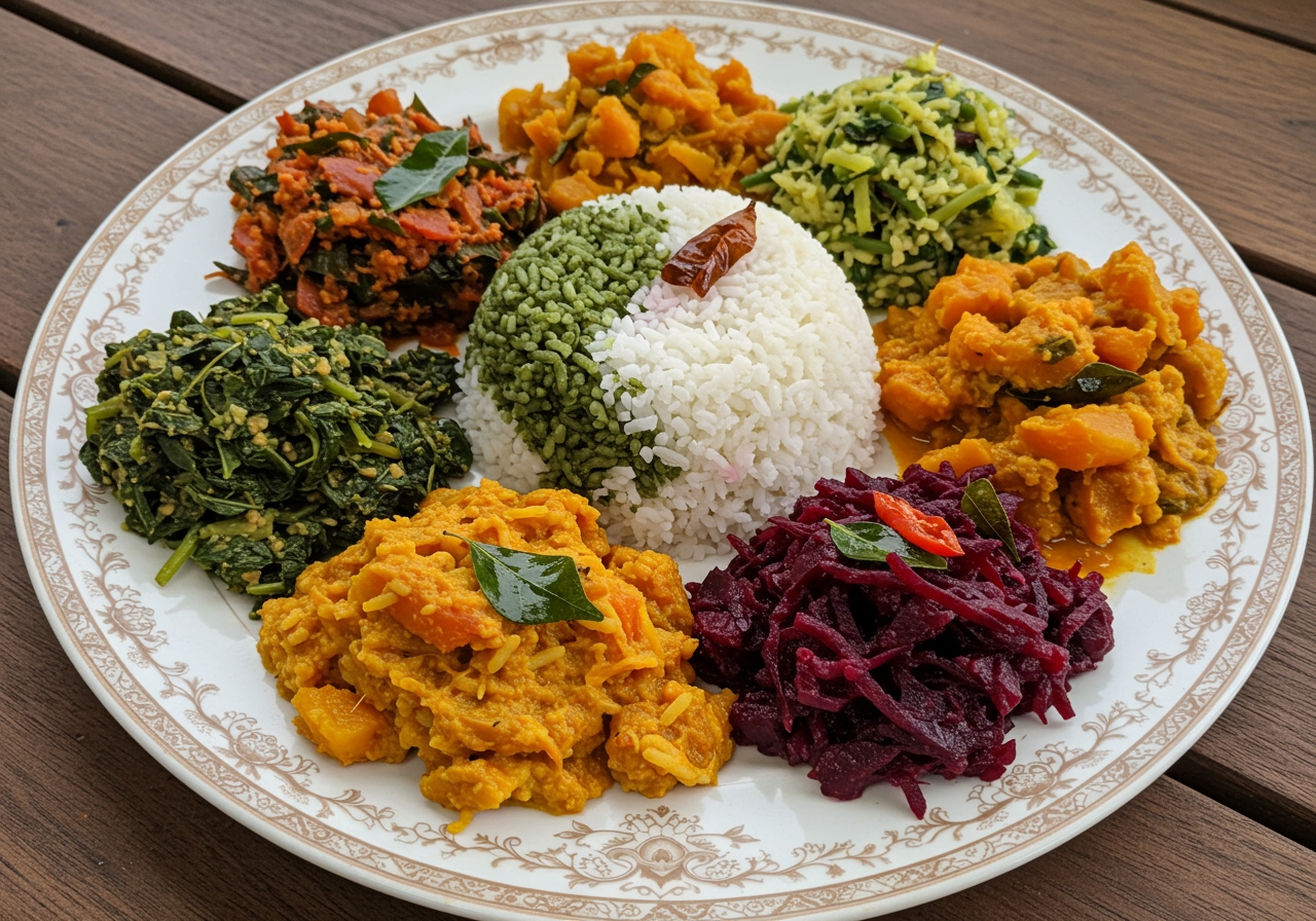A vibrant overhead shot of a Sri Lankan rice and curry plate with several colorful vegetable curries arranged around spiced rice. The plate is set on a wooden table.