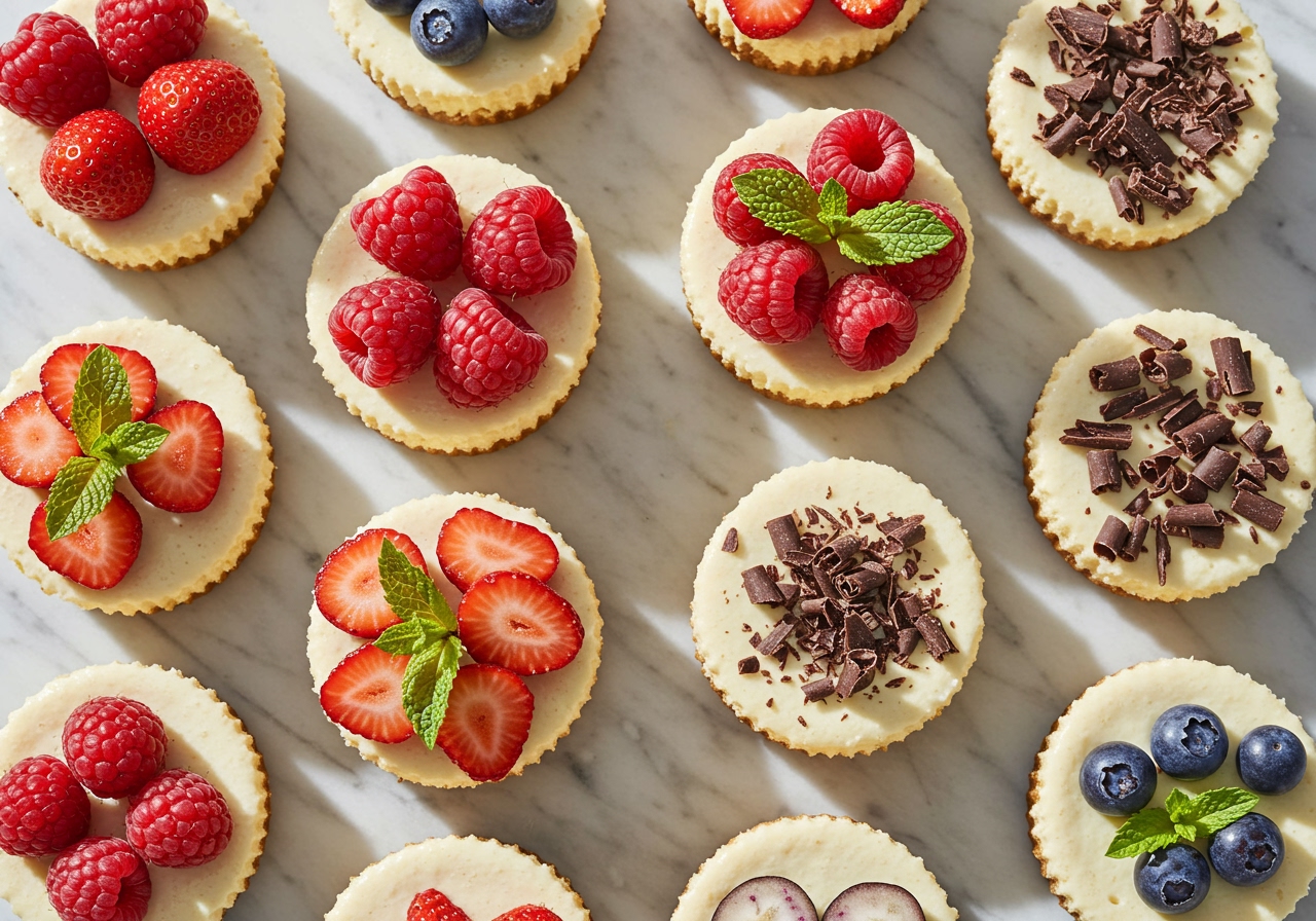 A vibrant, overhead shot of a variety of healthy mini cheesecakes, some with fresh berries, some with mint leaves, and some with chocolate shavings, showcasing different healthy topping ideas.