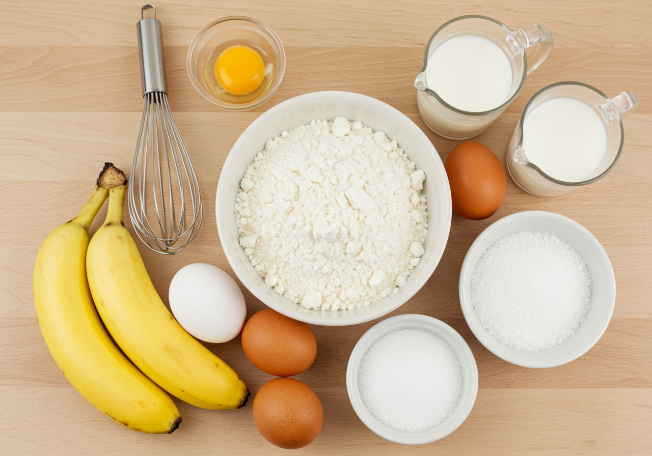 A vibrant overhead shot of all ingredients for banana fritters artfully arranged on a light wooden surface: golden ripe bananas, a bowl of white flour, a whisk, a glass of milk, a couple of eggs, and a small bowl of granulated sugar.