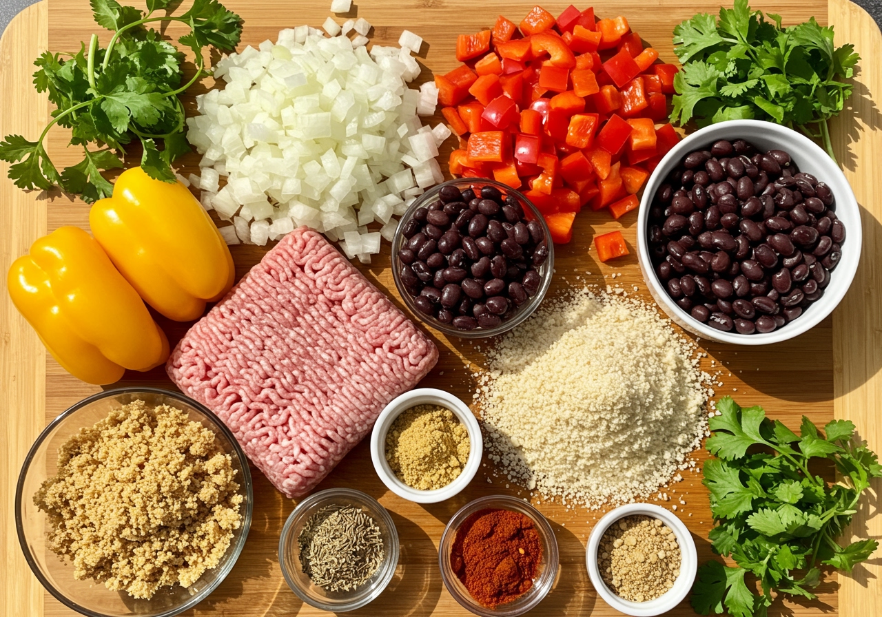 A vibrant overhead shot of fresh ingredients for turkey black bean burgers, including ground turkey, canned black beans, chopped onion, bell pepper, bread crumbs, and spices.