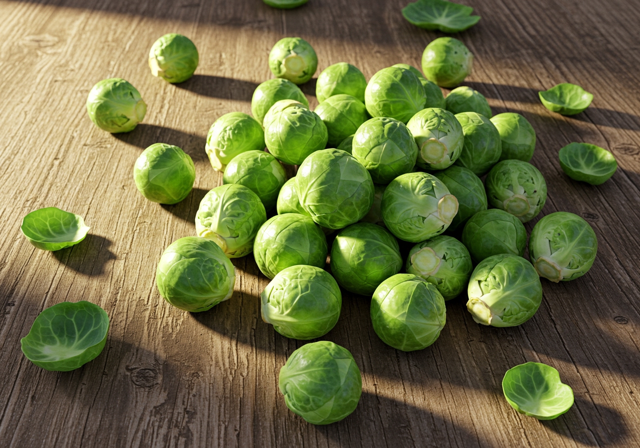 A vibrant overhead shot of freshly harvested Brussels sprouts on a rustic wooden table.
