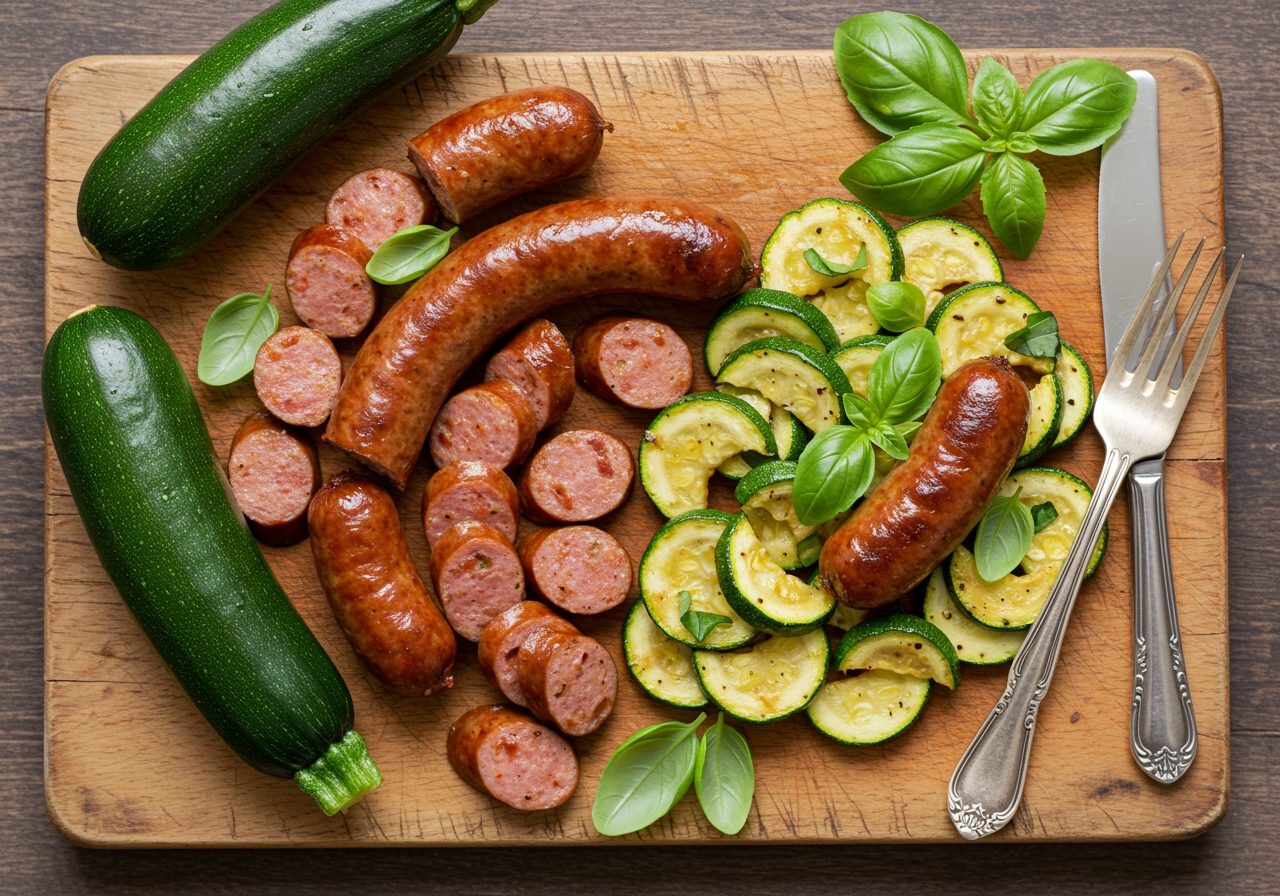 A vibrant overhead shot of freshly prepared Italian sausage and zucchini on a rustic wooden board, garnished with fresh basil leaves. The sausage is browned and sliced, and the zucchini is tender-crisp.