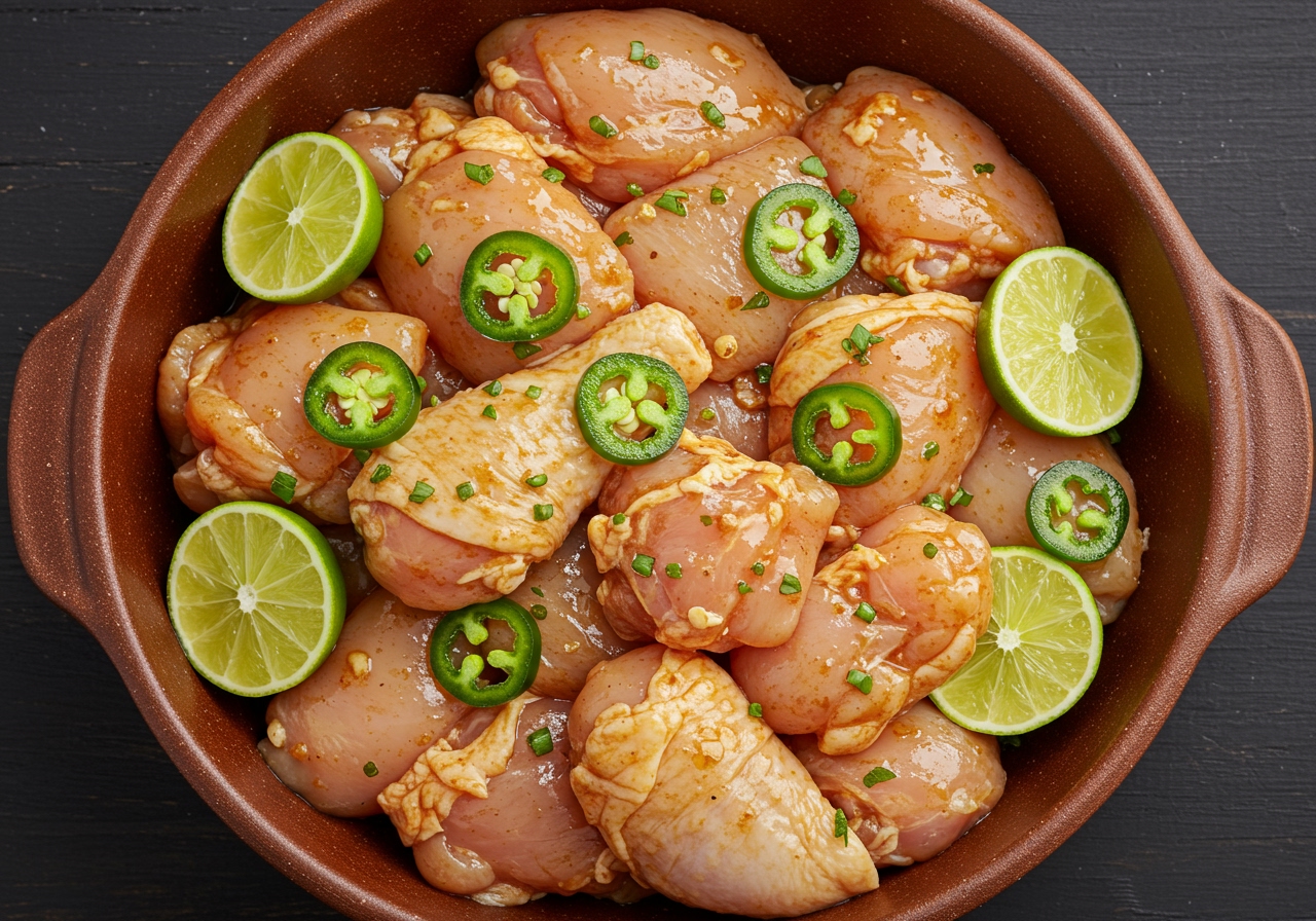 A vibrant overhead shot of marinated chicken pieces with sliced jalapeños and lime wedges in a bowl, ready for cooking.