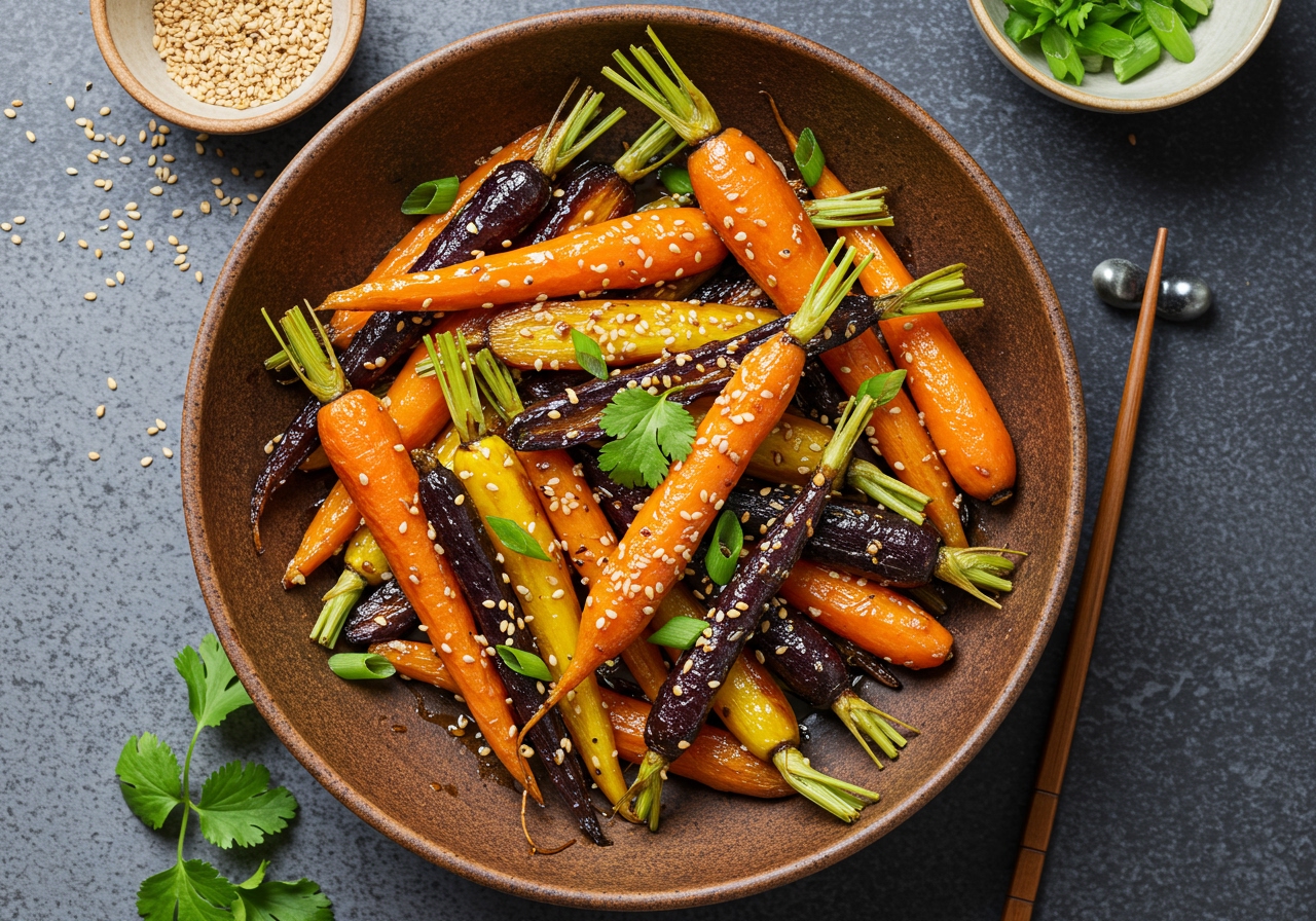 A vibrant overhead shot of the finished tamarind-glazed colorful carrots, beautifully arranged in a rustic bowl with a sprinkle of sesame seeds and fresh herbs, ready to be served.