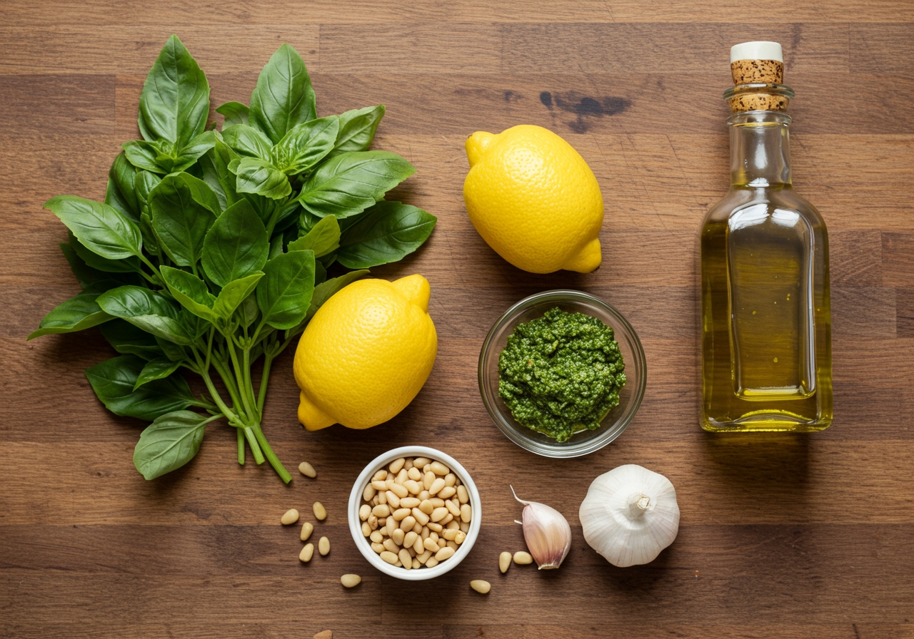 A vibrant overhead shot of the five core ingredients for lemon pesto laid out neatly on a rustic wooden table: fresh basil leaves, a bright yellow lemon, a small bowl of pine nuts, a single clove of garlic, and a bottle of olive oil.