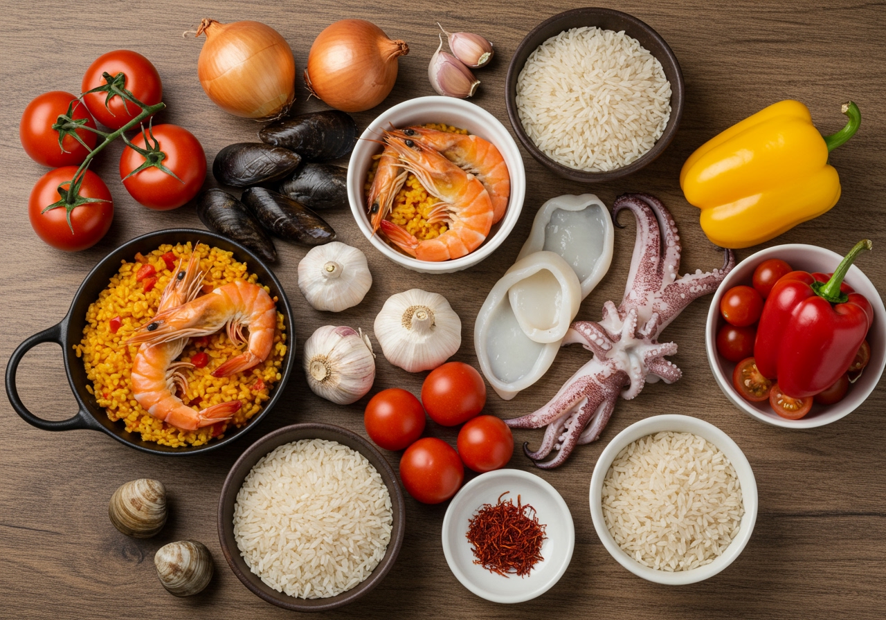 A vibrant overhead shot of various fresh seafood ingredients and vegetables laid out for paella making on a rustic wooden table. Include shrimp, mussels, clams, squid, bell peppers, tomatoes, garlic, onion, rice, and a small dish of saffron.