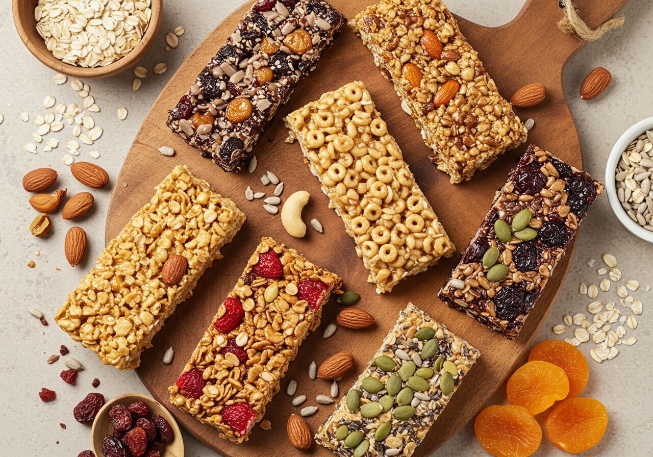 A vibrant overhead shot of various homemade cereal bars on a wooden board, with some ingredients scattered around.