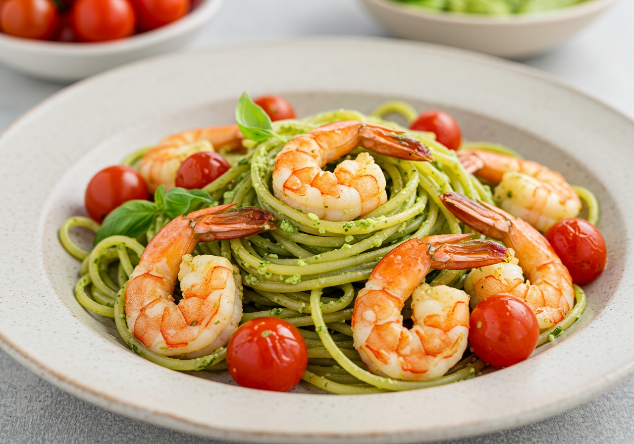 A vibrant pasta dish with lemon pesto, cherry tomatoes, and grilled shrimp.