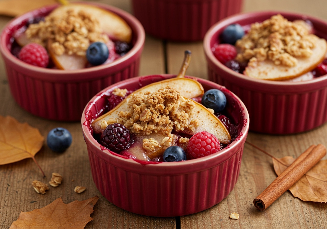 A vibrant pear crisp with mixed berries and a hint of cinnamon, served in individual ramekins, highlighting a healthy variation.