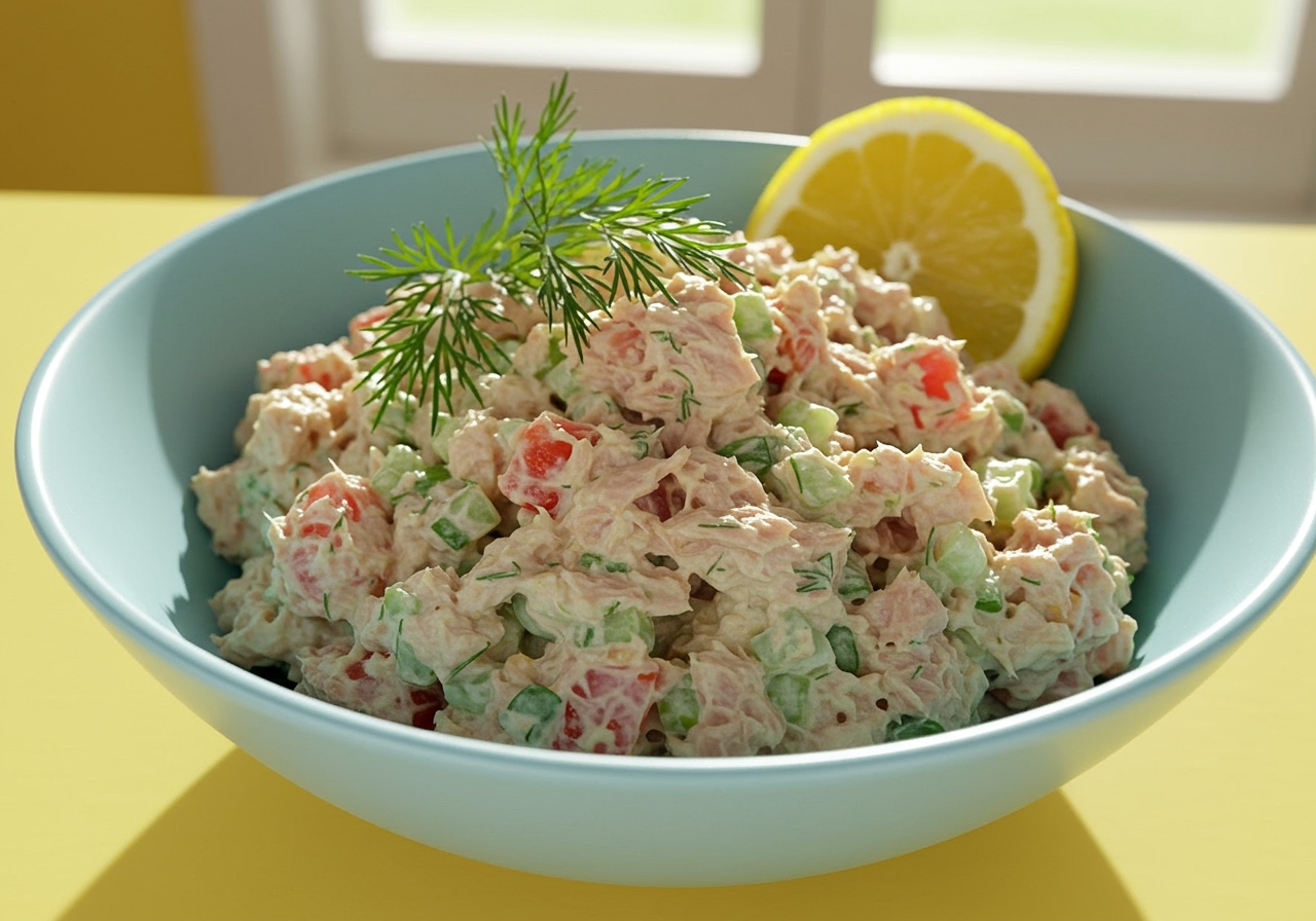 A vibrant, perfectly mixed tuna salad in a light blue bowl, garnished with fresh dill and a lemon wedge, against a bright kitchen background.