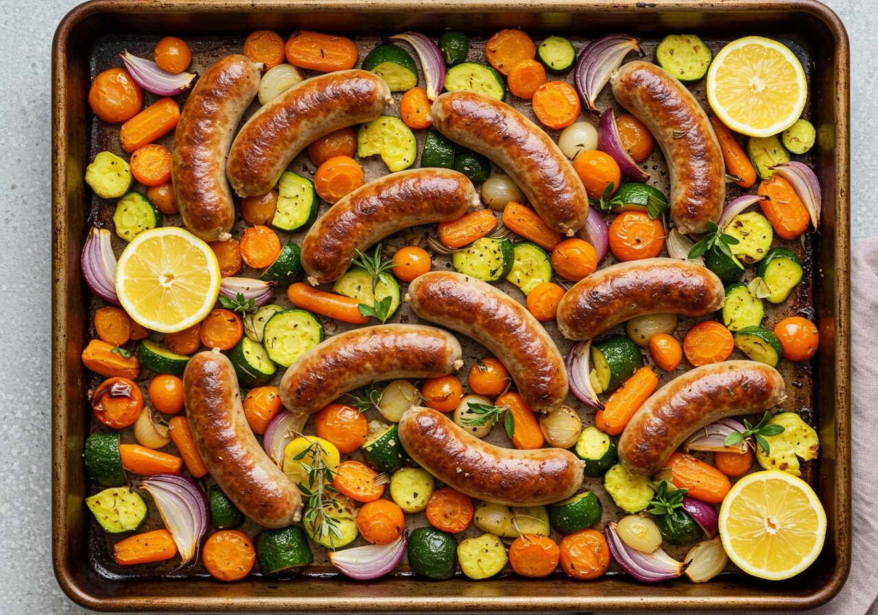 A vibrant, perfectly roasted sheet pan full of colorful seasonal vegetables and golden-brown, juicy sausages, fresh out of the oven. The vegetables show slight caramelization and the herbs are fragrant. It's garnished with fresh parsley and lemon wedges, ready to be served.
