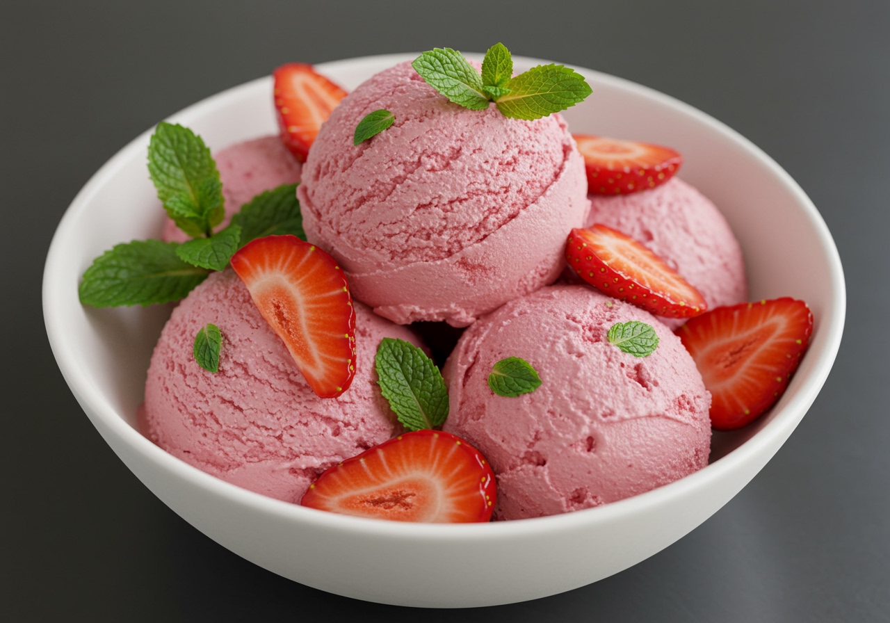 A vibrant photo of a bowl of the homemade ice cream, garnished with fresh mint sprigs and sliced strawberries, emphasizing its fresh and healthy appearance.