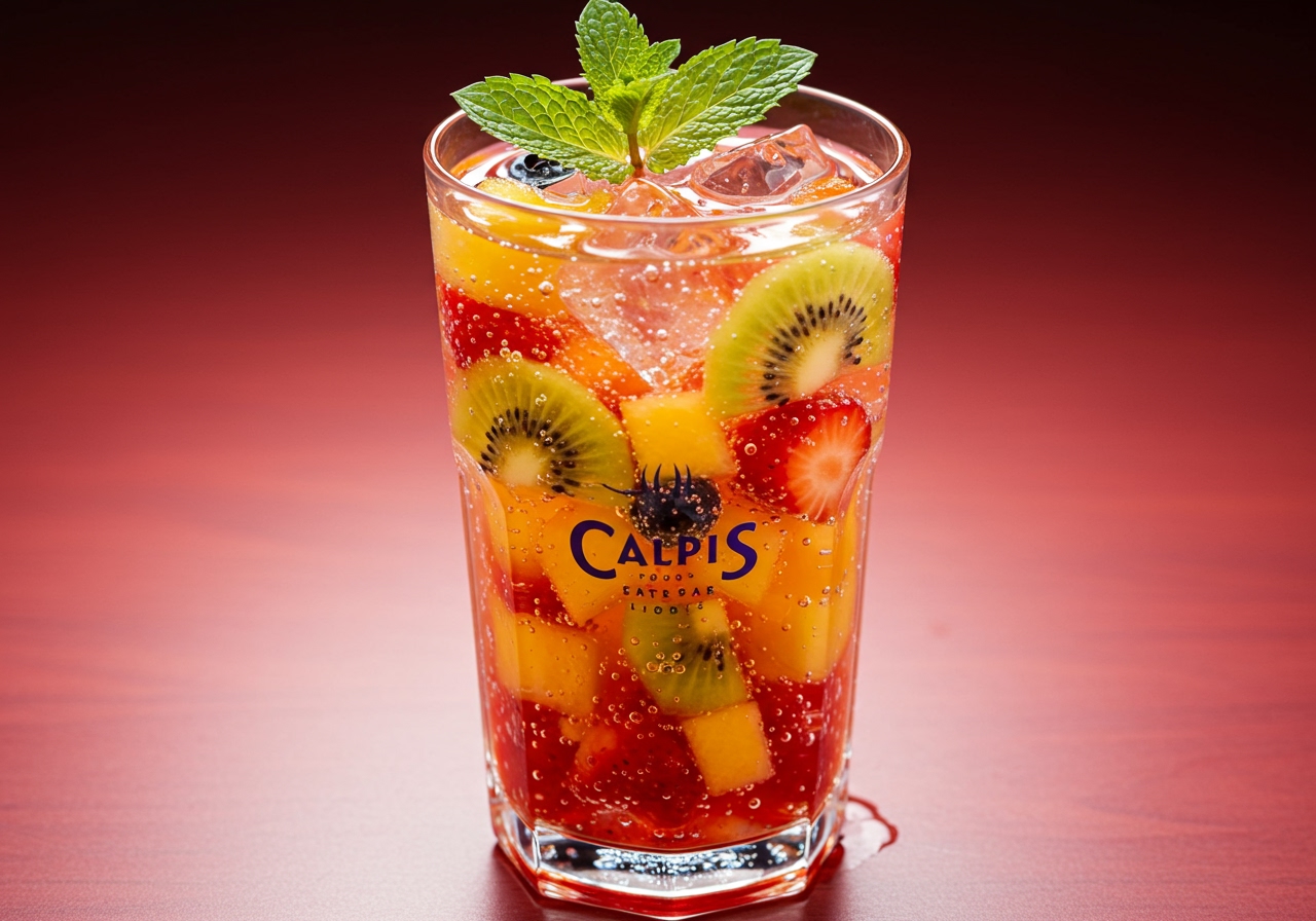 A vibrant photo of a Calpis soda drink in a tall glass filled with ice and colorful chopped fruits like strawberries, kiwi, and blueberries. Carbonated bubbles visible, a sprig of mint on top. Bright, refreshing look.