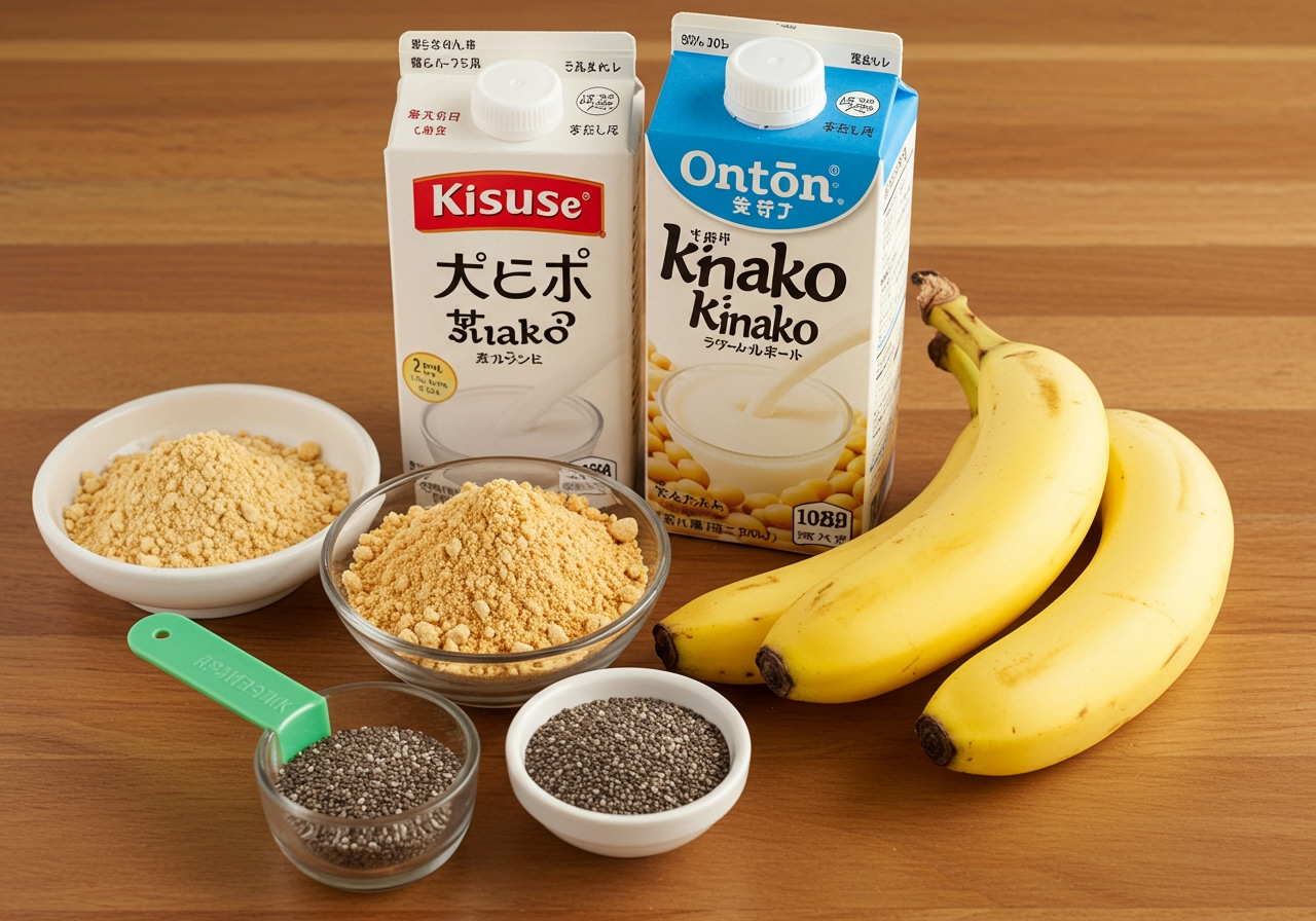 A vibrant photo of ingredients for a banana and kinako soy milk smoothie, including ripe bananas, a bowl of kinako powder, a carton of soy milk, and possibly a scoop of chia seeds or other healthy additions on a wooden table.