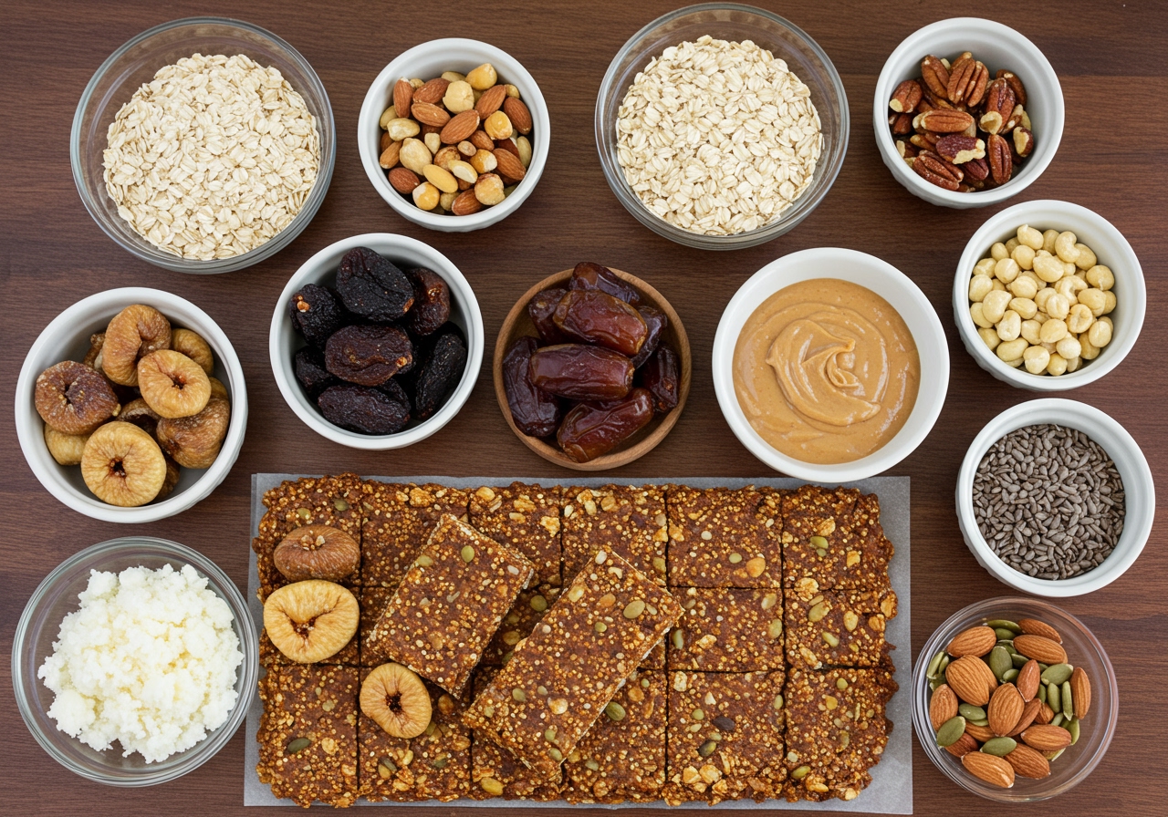 A vibrant photo of various ingredients for healthy fig bars, such as dried figs, oats, nuts, seeds, and maybe some dates or nut butter, laid out attractively on a wooden table.