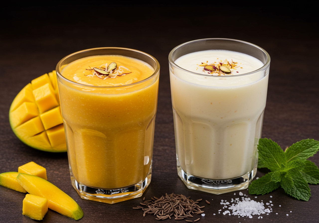 A vibrant photo showing a glass of sweet mango lassi next to a glass of salted lassi, perhaps with some ingredients like mango slices, mint leaves, or cumin seeds scattered around.