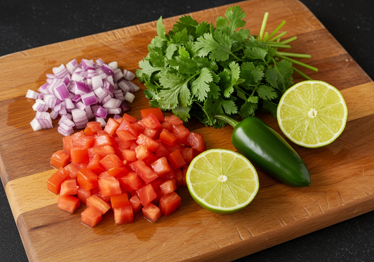 A vibrant photo showing all the fresh ingredients for tomato salsa laid out on a wooden cutting board: diced tomatoes, red onion, jalapeño, cilantro, and lime.