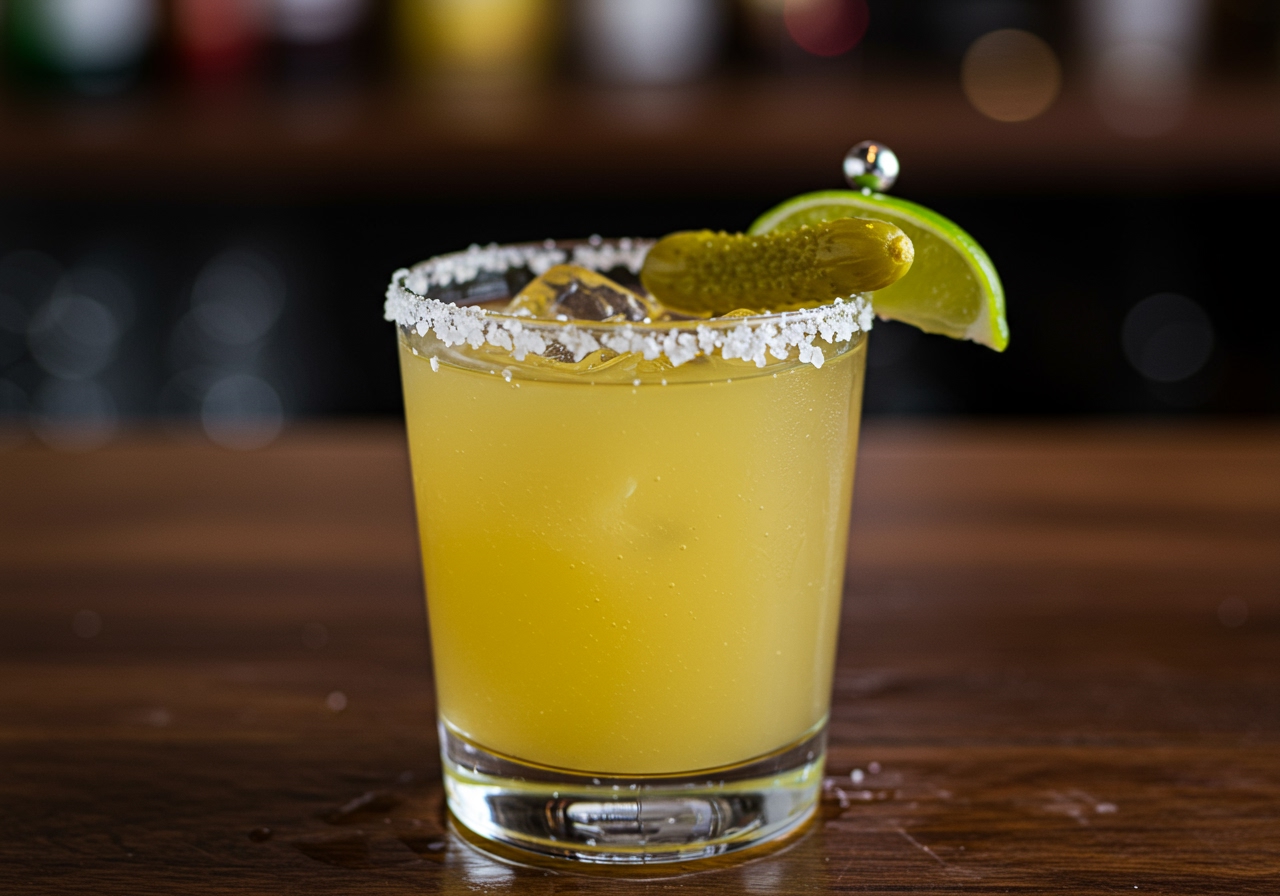 A vibrant Pickle Margarita in a salt-rimmed glass, garnished with a small dill pickle and a lime wedge, with a slightly blurry background of a bar or party setting.