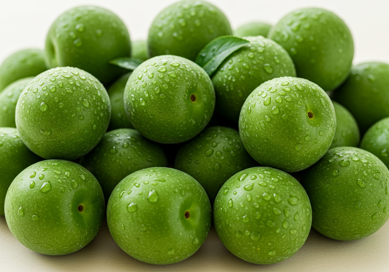 A vibrant pile of fresh, green Japanese ume plums on a light background.