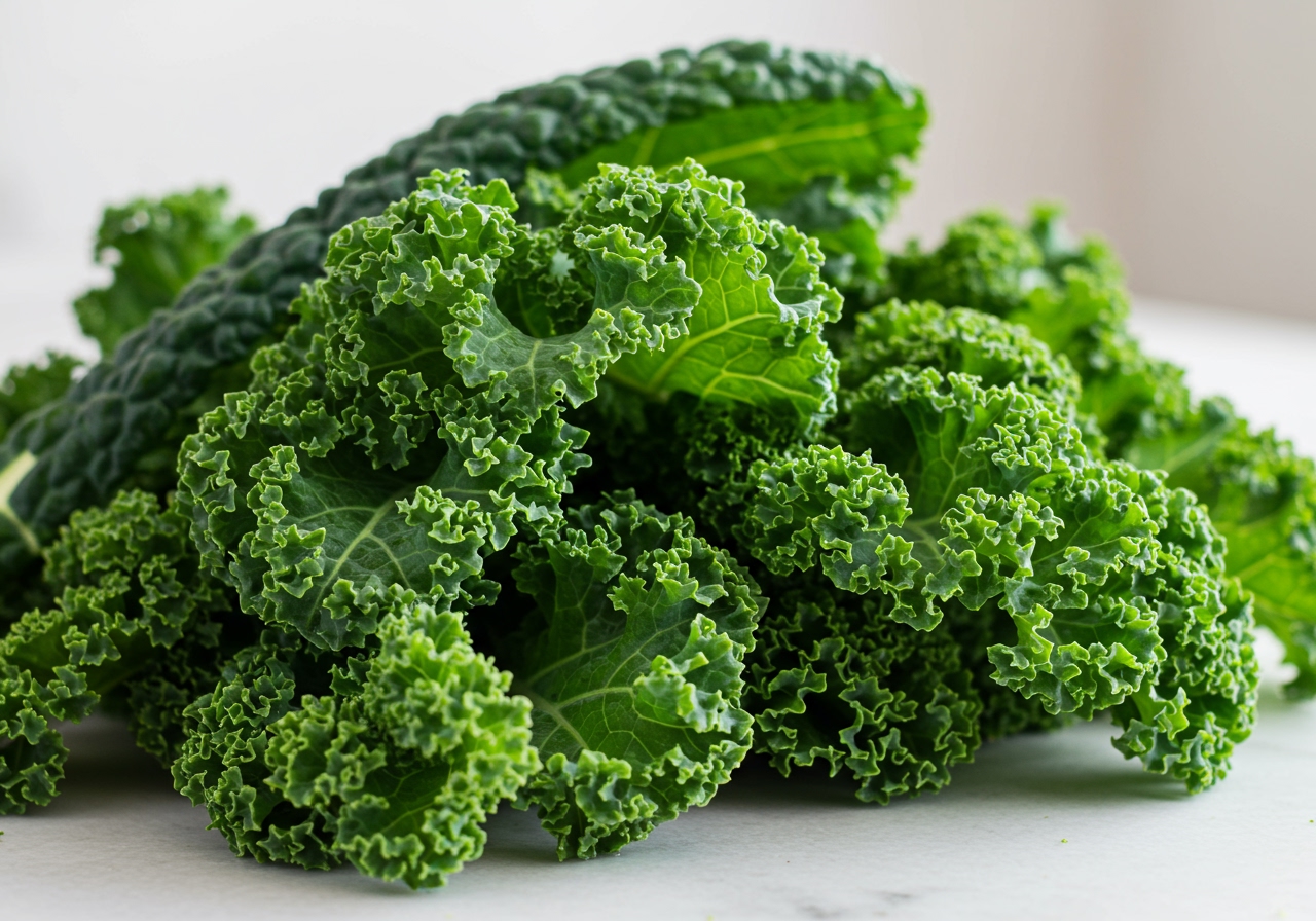 A vibrant pile of green kale leaves, clean and ready for preparation.