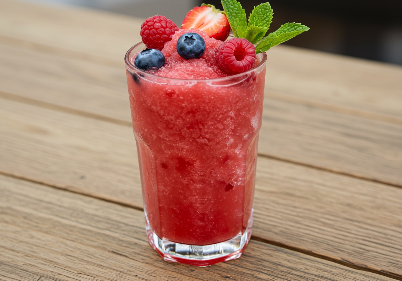 A vibrant pink frozen drink in a tall glass, garnished with fresh berries and a mint leaf, on a wooden table.