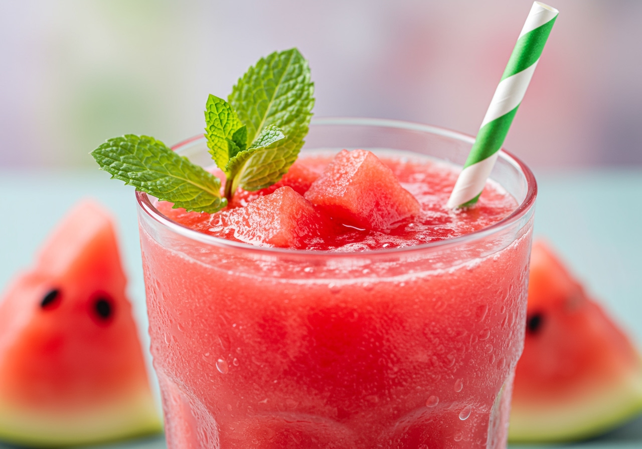A vibrant pink watermelon and berry smoothie in a glass with a straw, garnished with a mint sprig.
