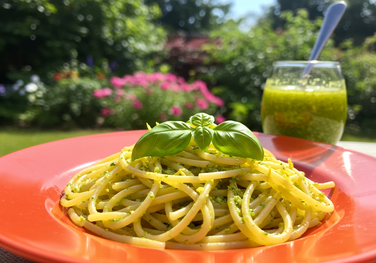 A vibrant plate of cold spaghetti with bright green lemon pesto, perhaps garnished with fresh basil leaves and lemon zest. The background suggests a sunny summer setting.