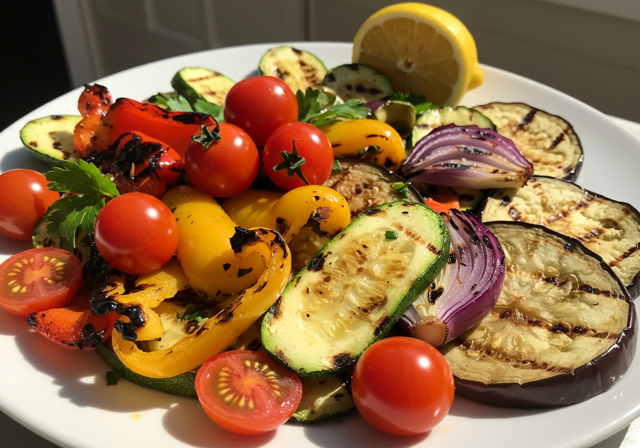 A vibrant plate of colourful grilled summer vegetables arranged as a salad, perhaps with a light dressing drizzled over them.