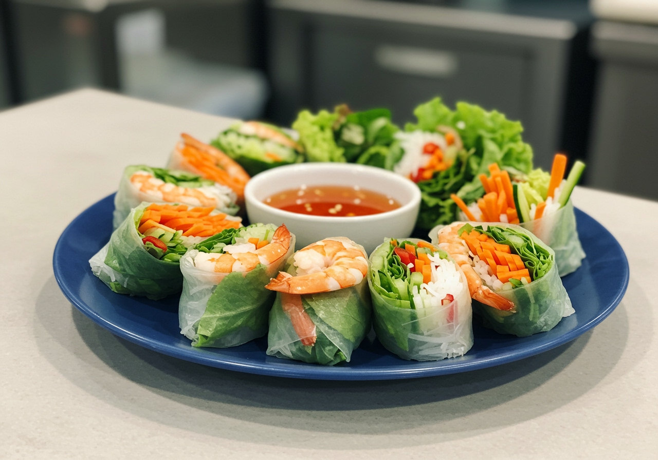 A vibrant plate of fresh spring rolls with various fillings (shrimp, lettuce, carrots, rice noodles) neatly arranged, served with a small bowl of sweet chili dipping sauce. The background is a clean, modern kitchen.