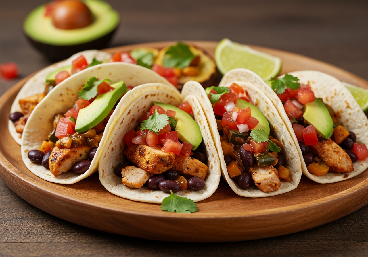 A vibrant plate of healthy tacos with various fillings like grilled chicken, black beans, and roasted vegetables, topped with fresh salsa and avocado