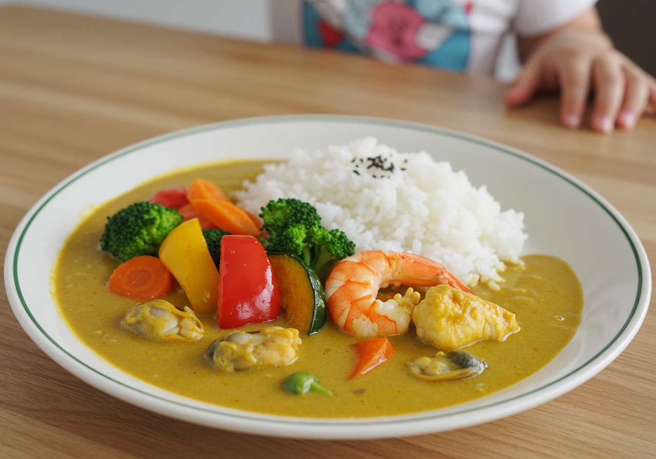 A vibrant plate of kids' seafood curry with rice, showing colorful vegetables and pieces of fish/shrimp, perhaps with a child's hand reaching for it in the background. The curry should look mild and creamy.