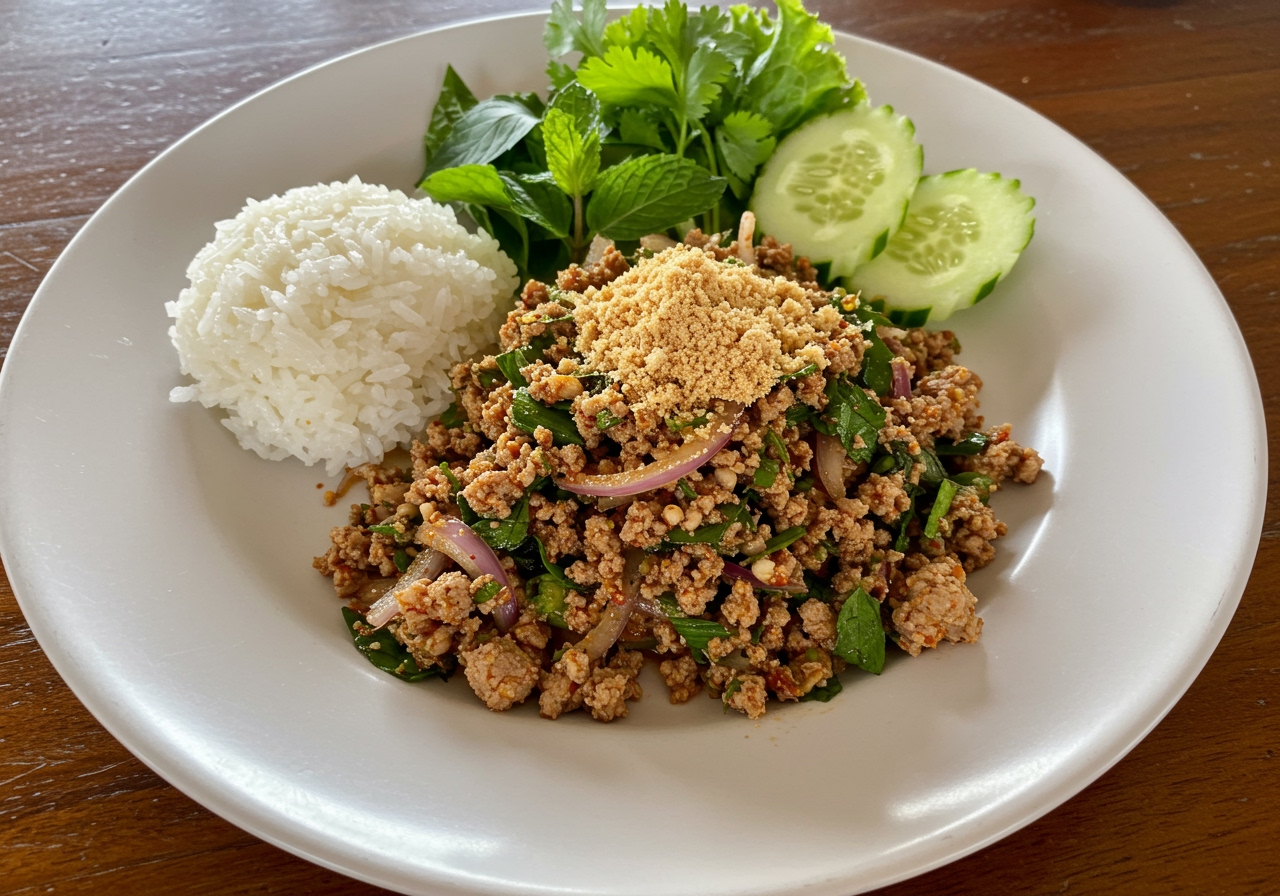 A vibrant plate of ラオス料理ラープ (Larb) with sticky rice and fresh vegetables on the side, showcasing the herbs and minced meat.