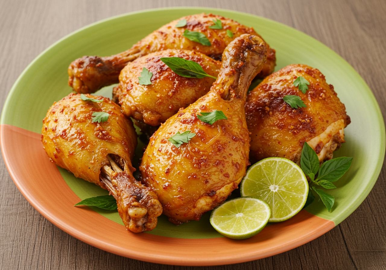 A vibrant plate of Sharyl-style spicy chicken, perfectly cooked with a golden-brown crispy skin, garnished with fresh herbs and a lime wedge. The chicken should look juicy and flavorful, with visible spices on the skin.
