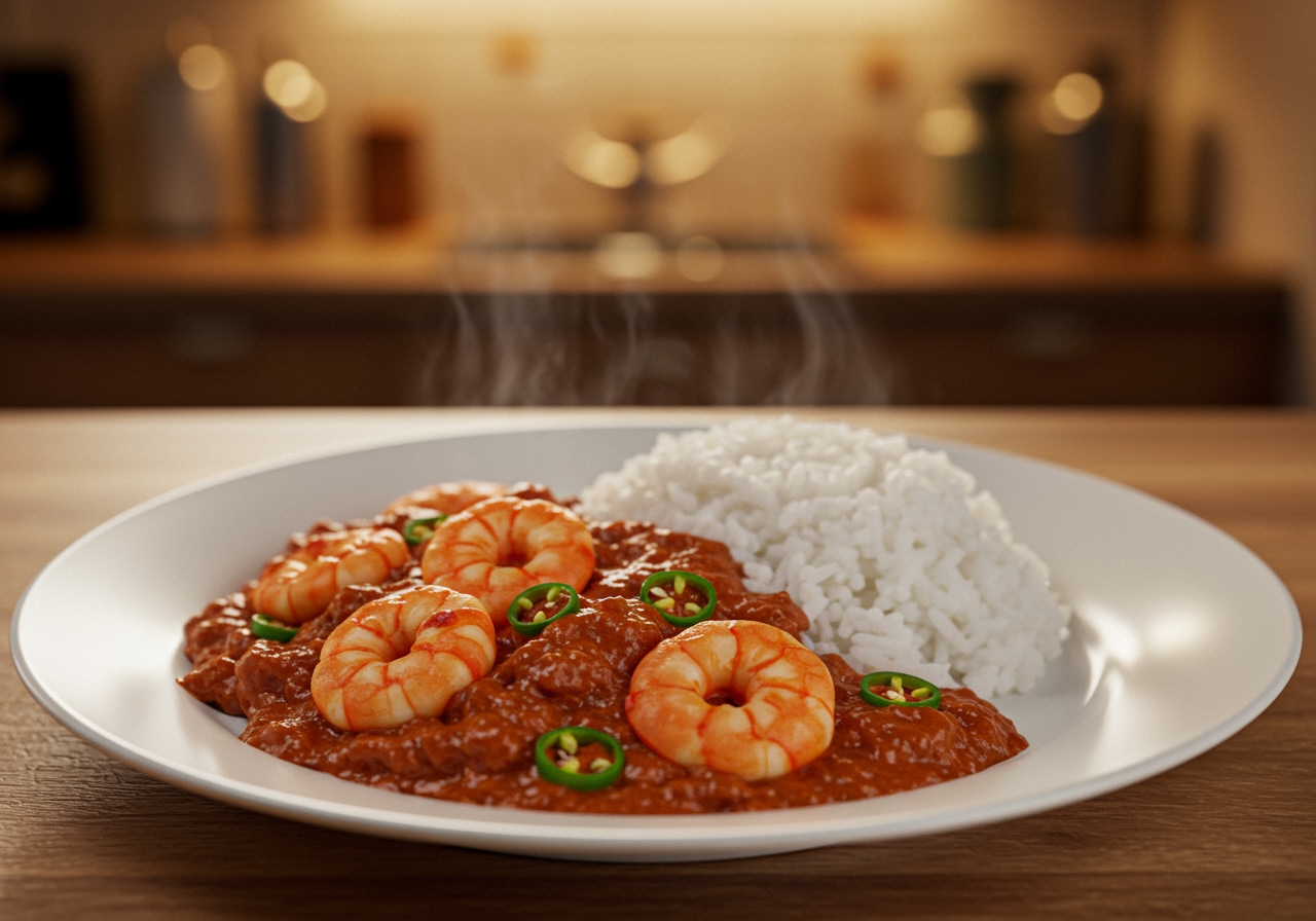 A vibrant plate of spicy shrimp chili with rice, steam rising slightly, viewed from above, in a home kitchen setting.