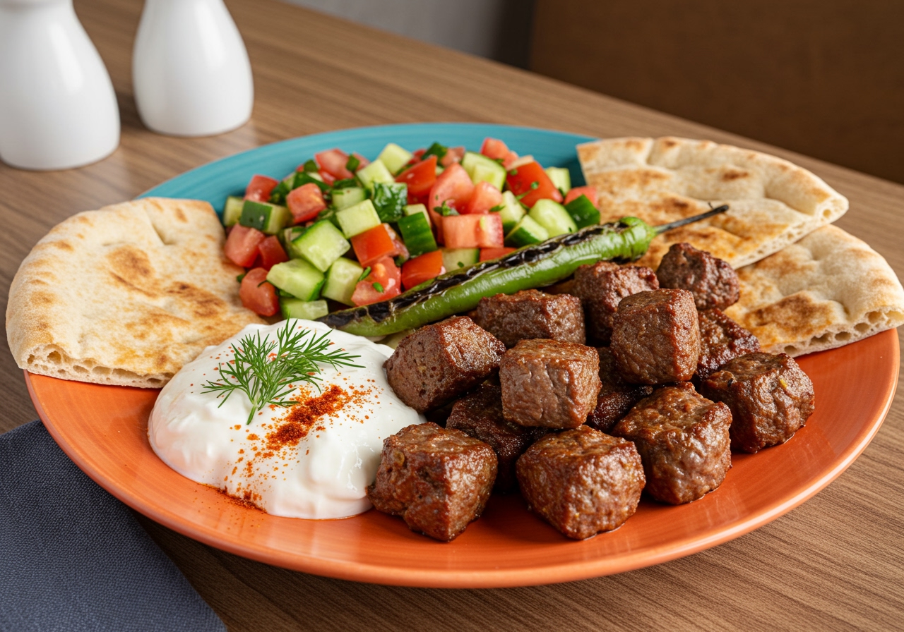 A vibrant plate of Turkish-style kebabs served with warm pita bread, a refreshing cucumber and tomato salad, and a side of creamy yogurt sauce.