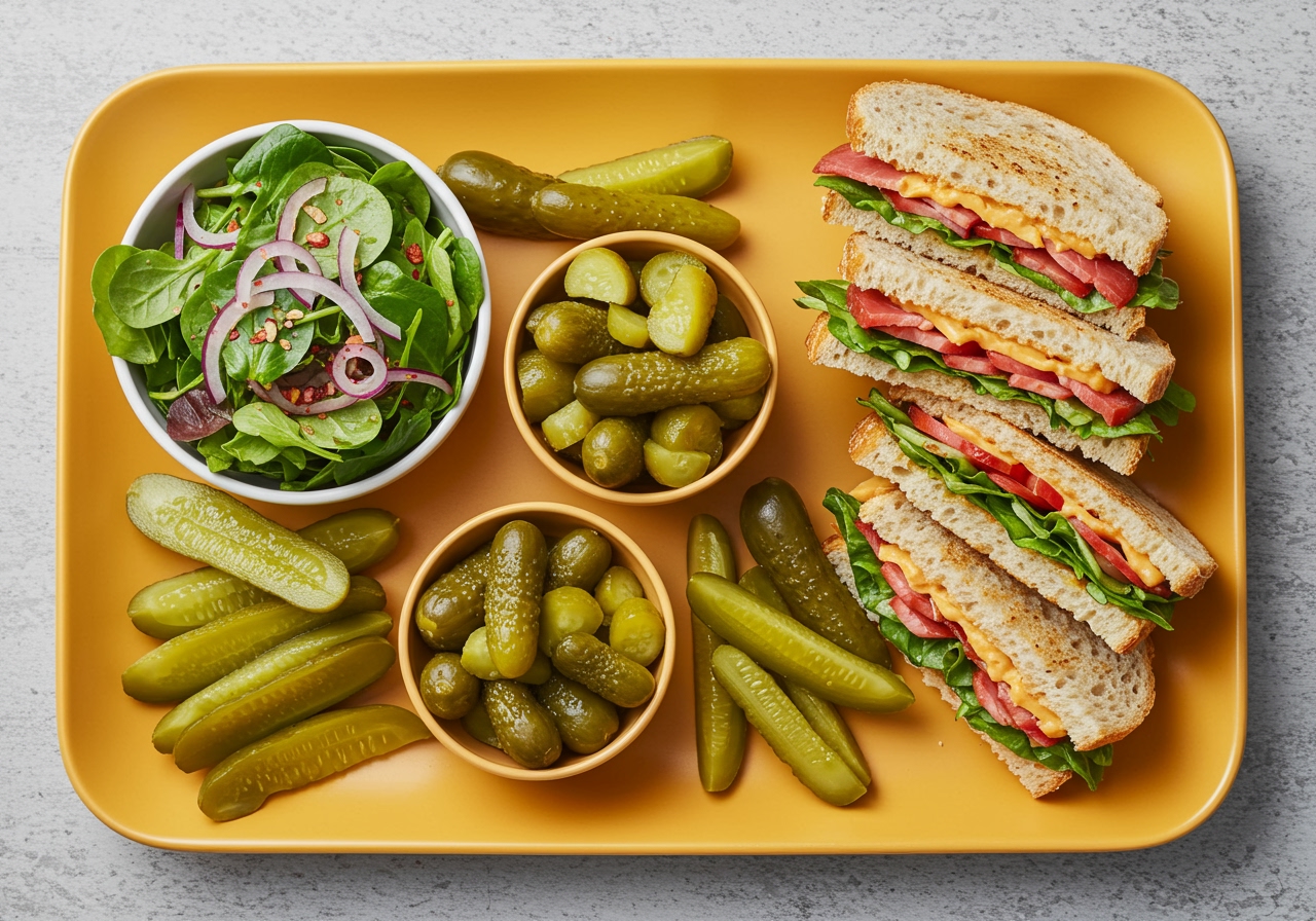 A vibrant platter featuring various uses of healthy spicy dill pickles: chopped in a small salad, served as a side alongside a healthy sandwich, and a few spears arranged as a snack.