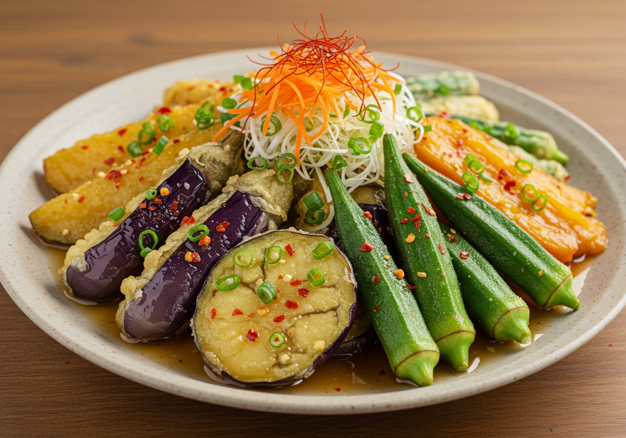 A vibrant platter of assorted summer vegetables (eggplant, bell peppers, okra) deep-fried and soaked in dashi, garnished with various colorful toppings.