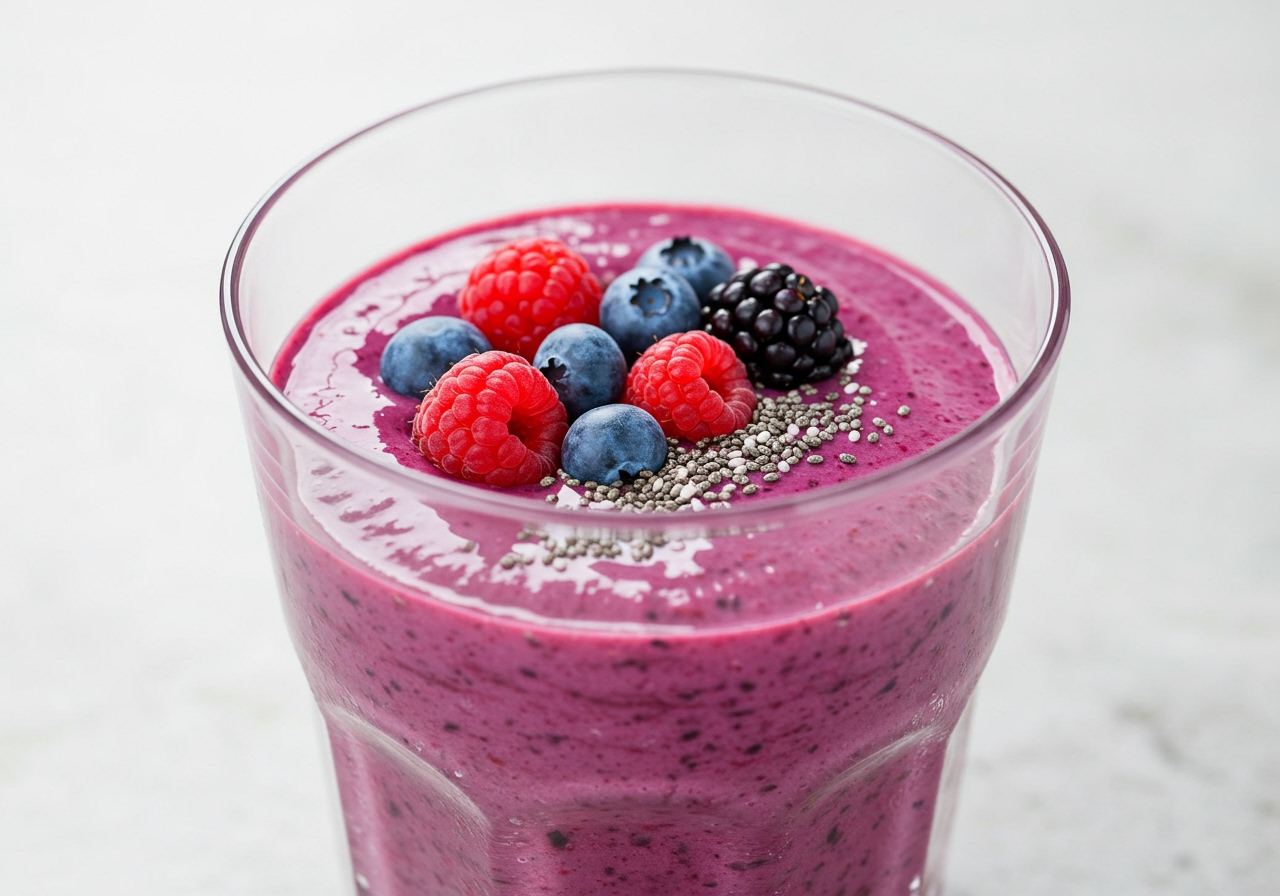 A vibrant purple cold mixed berry soup in a glass, garnished with fresh berries and a sprinkle of chia seeds.