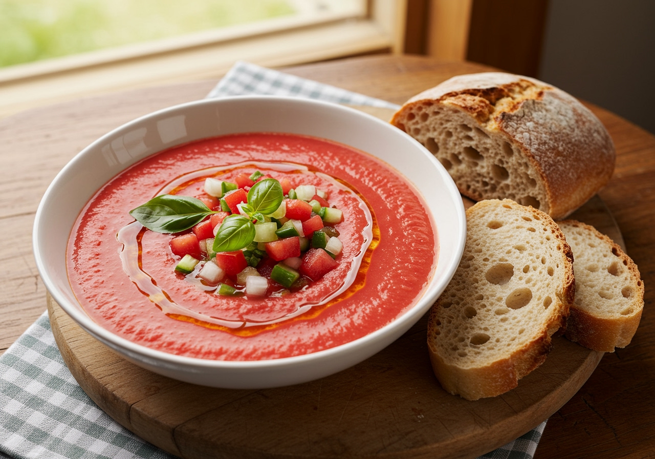 A vibrant red bowl of gazpacho soup, garnished with finely diced vegetables and a drizzle of olive oil, set on a rustic table with some crusty bread.