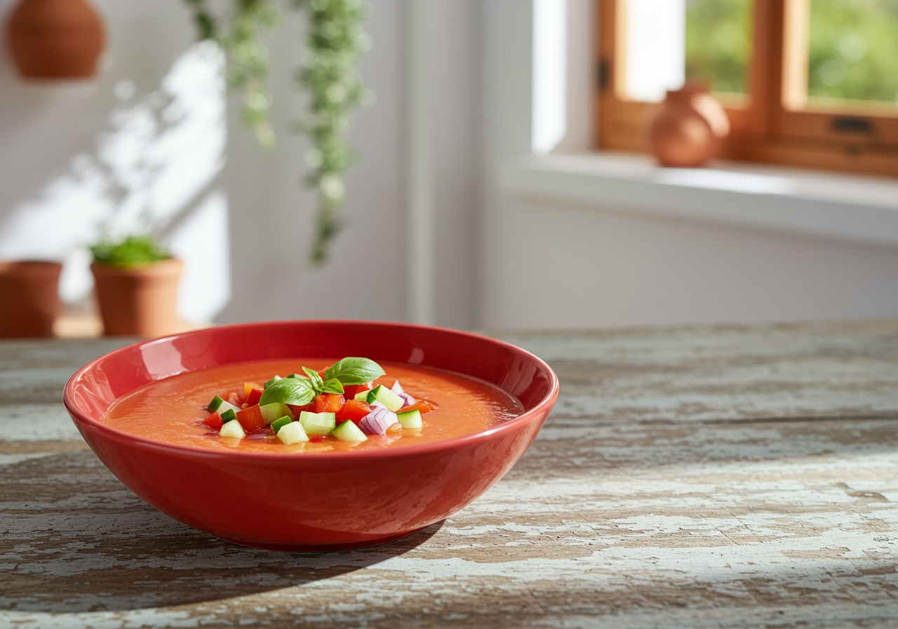 A vibrant red bowl of Spanish Gazpacho garnished with chopped vegetables and herbs, set on a rustic wooden table.