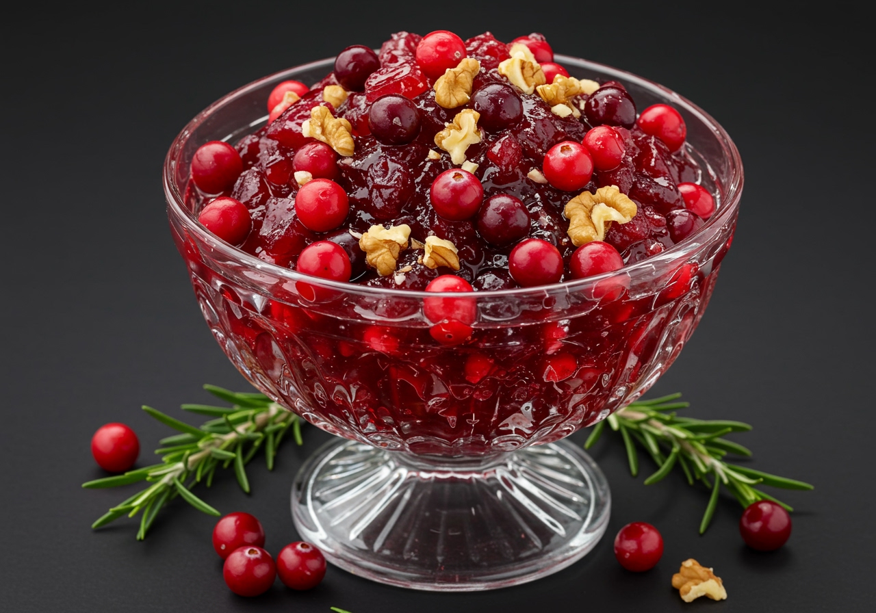 A vibrant red cranberry jelly salad in a decorative glass bowl, showing chunks of fruit and nuts