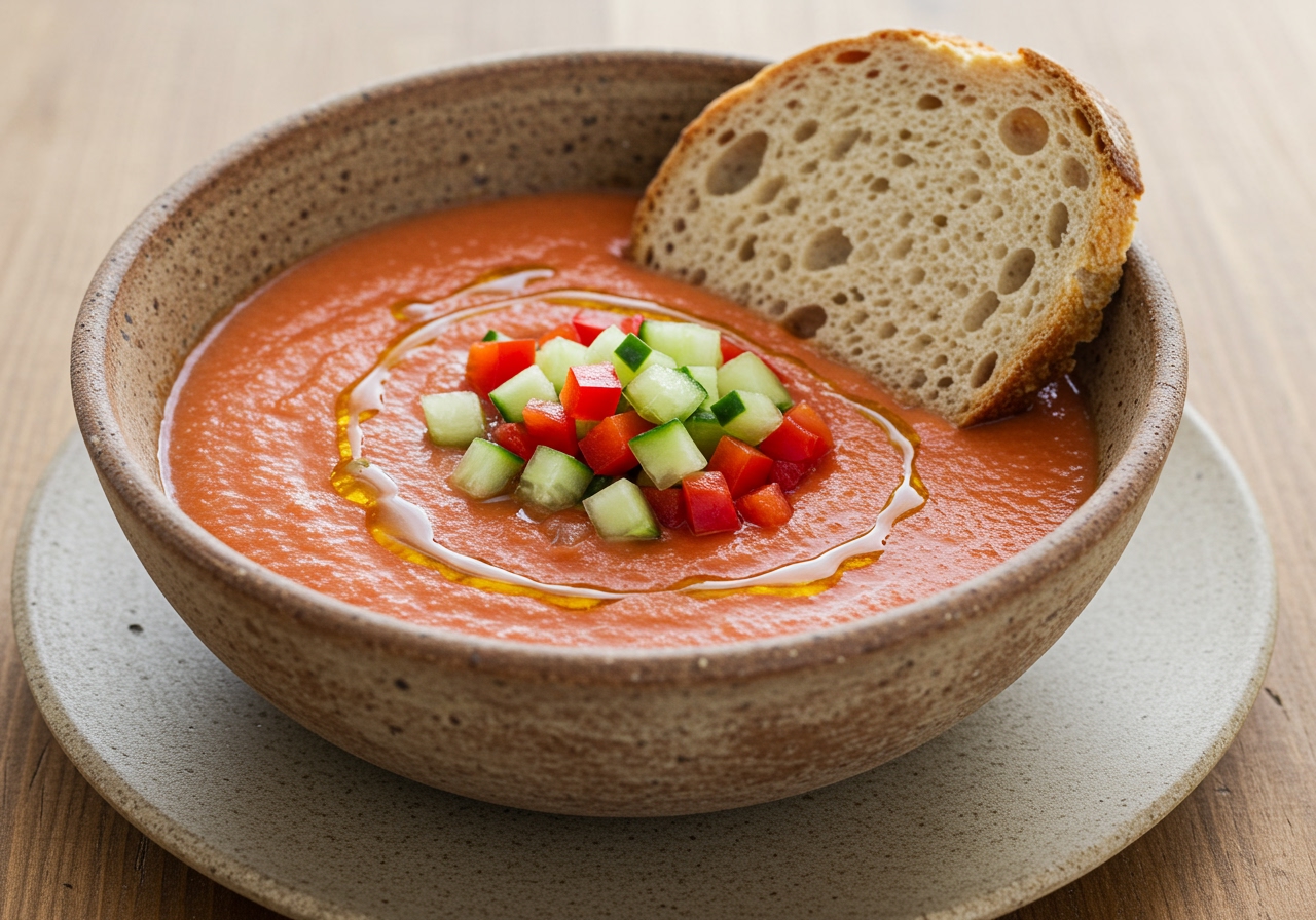 A vibrant red gazpacho soup in a bowl, garnished with chopped vegetables and a drizzle of olive oil, with a slice of crusty bread on the side.